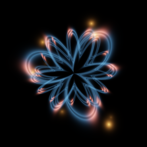 Nested orbit reliquary wreathed in blue ember smoke — torus hierarchy meets buoyant velocity ribbons.