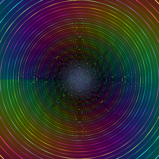 Iridescent wormhole — neon wireframe rings rushing through a swirling oil-slick film, thin-film interference racing towa