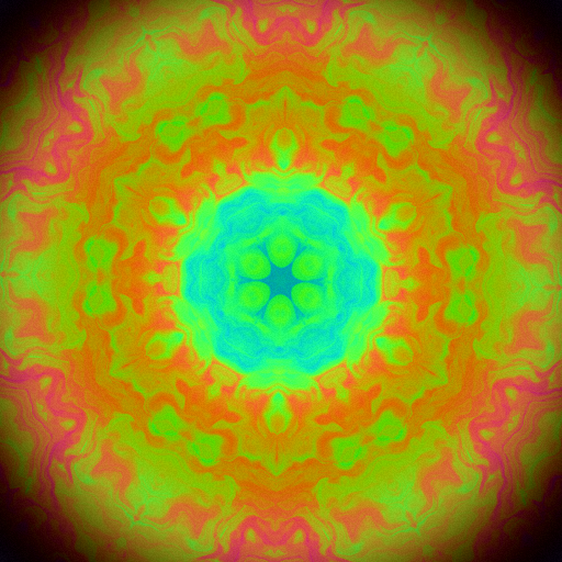 Kaleidoscopic domain-warped plasma with pulsing rings and film grain, animated continuously